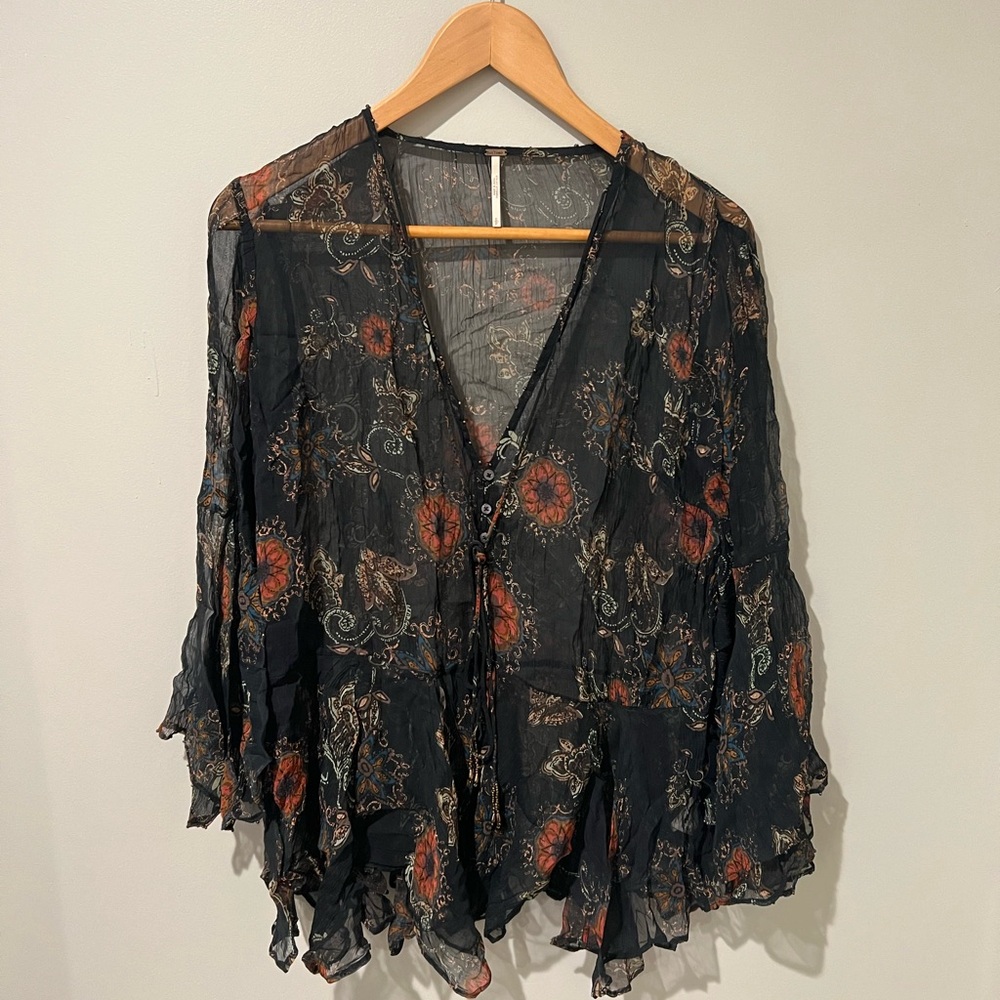 Free People Dragon Time Floral V-Neck Sheer Blouse with Ruffle Hem
